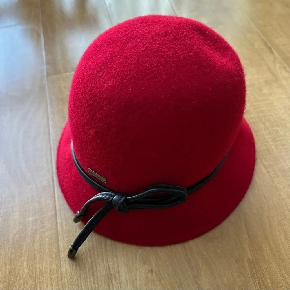 Betmar Women’s Valerina Red Wool Hat with Black Leather Bow